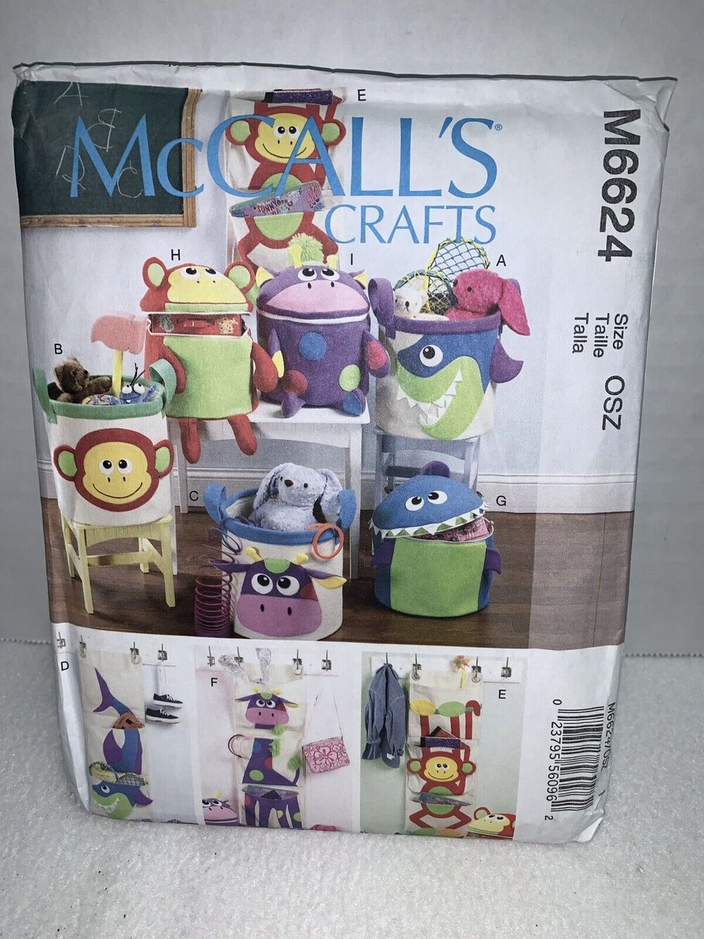 McCalls Pattern M6624 Basket Bin Storage Toys Shark Monkey Giraffe Animals UNCUT